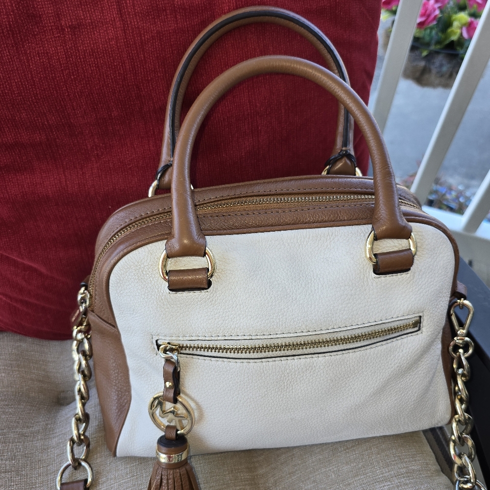 Michael Kors Knox Tassel Cream, Brown, & Gold Hardware & Crossbody Strap 11x9x5 - Picture 3 of 13